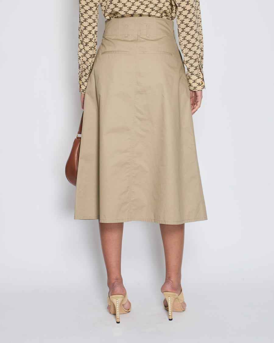 Celine Camel Cotton A Line Midi Skirt with Gold Buttoned Central Fastening Size FR 36 (UK 8)