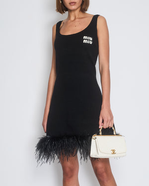 *HOT* Miu Miu Black Sleeveless Mini Dress with Feather Hem and Logo Detail Size IT 46 (UK 14)