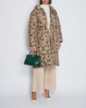 Hermès Beige and Green Reversible Long-Line Puffer Coat with Polka Dot and Chain Print FR 36 (UK 8)