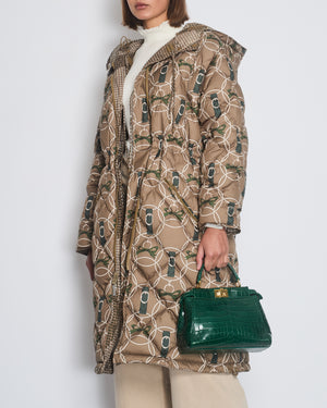 Hermès Beige and Green Reversible Long-Line Puffer Coat with Polka Dot and Chain Print FR 36 (UK 8)