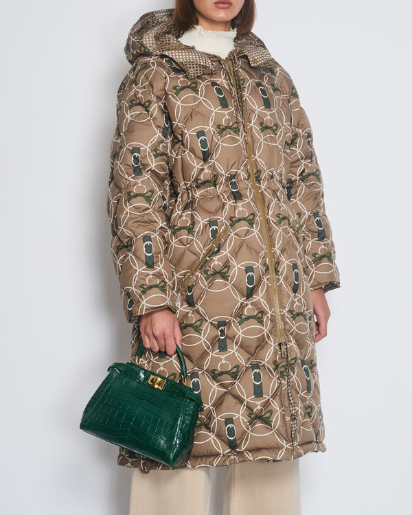 Hermès Beige and Green Reversible Long-Line Puffer Coat with Polka Dot and Chain Print FR 36 (UK 8)