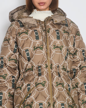 Hermès Beige and Green Reversible Long-Line Puffer Coat with Polka Dot and Chain Print FR 36 (UK 8)