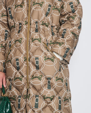 Hermès Beige and Green Reversible Long-Line Puffer Coat with Polka Dot and Chain Print FR 36 (UK 8)