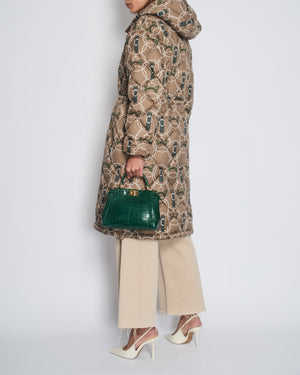 Hermès Beige and Green Reversible Long-Line Puffer Coat with Polka Dot and Chain Print FR 36 (UK 8)