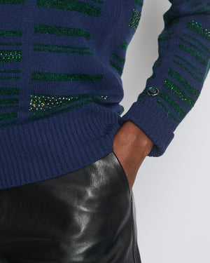 Chanel Navy Cashmere Long-Sleeve Jumper with Green Sequin Embellishments Size FR 36 (UK 8)