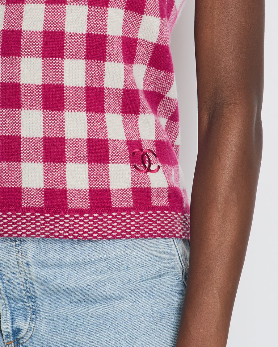 Chanel Pink and White Gingham Cashmere Short-Sleeve Top with CC Logo Size FR 38 (UK 10)