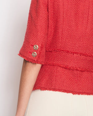 Chanel Coral Red Tweed Mid-Sleeve Jacket with Bird-Detailed Gold CC Logo Buttons Size FR 40 (UK 12)