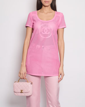 Chanel Pink Lambskin Leather Perforated Short-Sleeve Tunic Top with CC Logo Size FR 36 (UK 8)