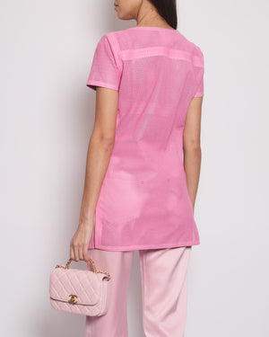 Chanel Pink Lambskin Leather Perforated Short-Sleeve Tunic Top with CC Logo Size FR 36 (UK 8)