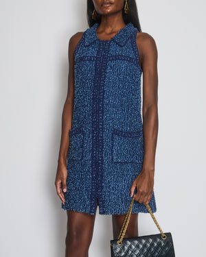 Chanel Blue Tweed Sleeveless Dress with Pockets and CC Button Detail Size FR 38 (UK 10)