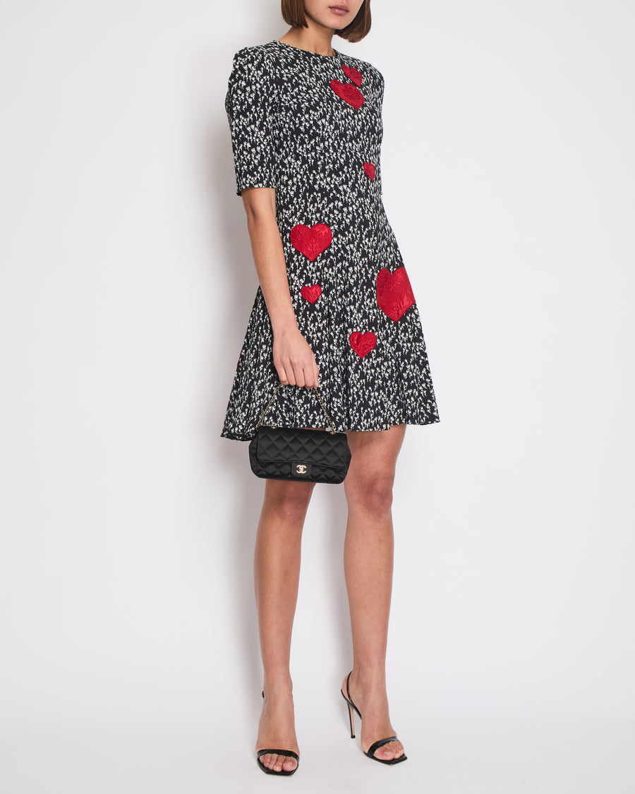 Dolce 
Gabbana Black Rose Print Dress with Love Heart Embroidery Size IT 40 (UK 8)