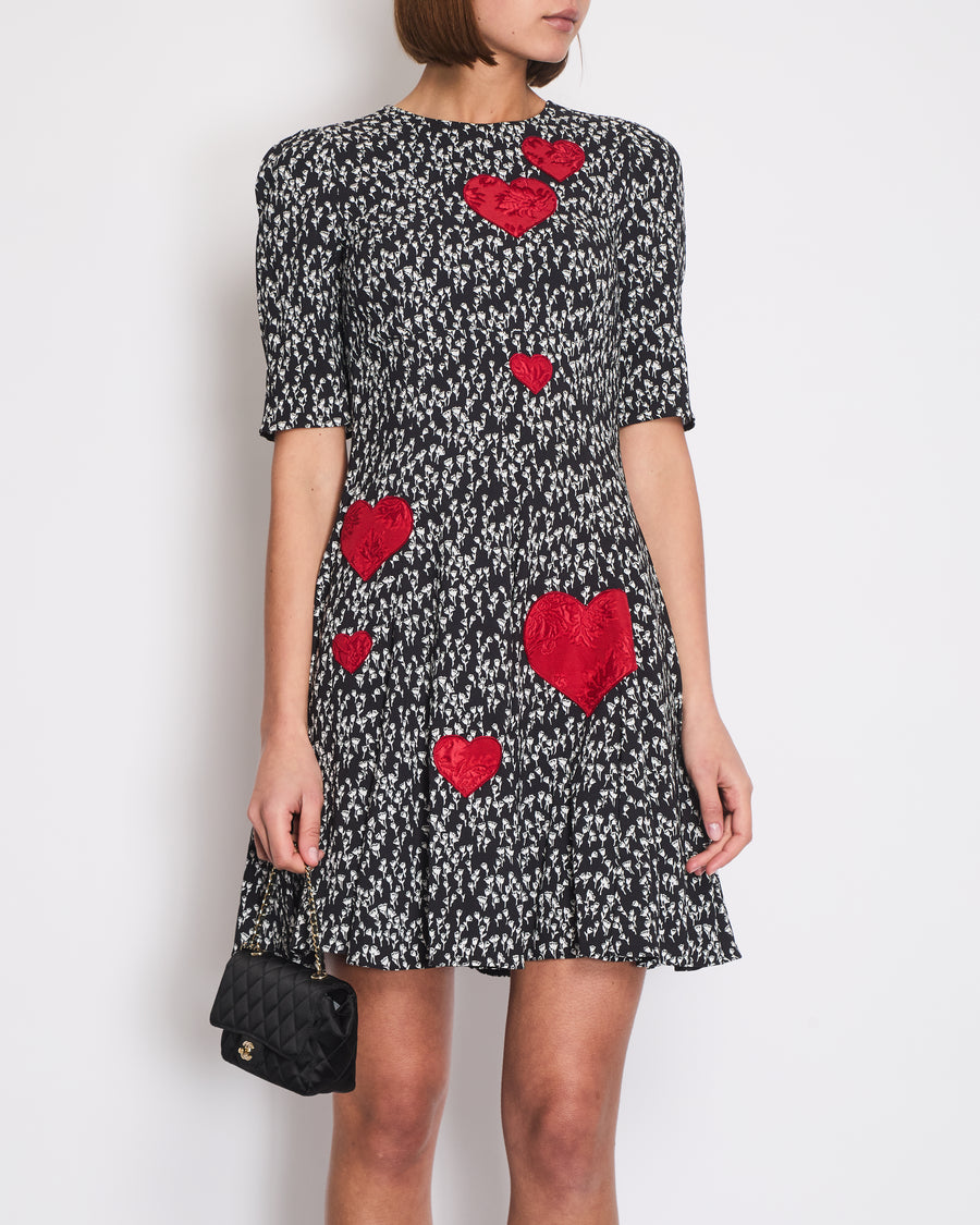 Dolce 
Gabbana Black Rose Print Dress with Love Heart Embroidery Size IT 40 (UK 8)