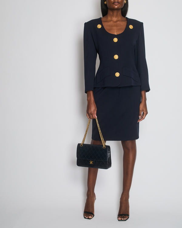 Givenchy Vintage Navy Jacket and Skirt Set with Gold Textured Buttons Size FR 38 (UK 10)