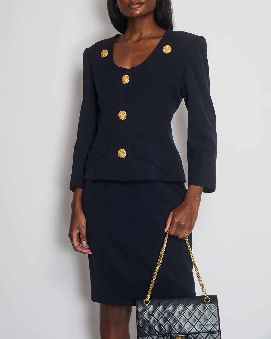 Givenchy Vintage Navy Jacket and Skirt Set with Gold Textured Buttons Size FR 38 (UK 10)