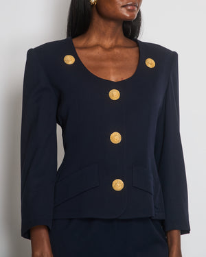 Givenchy Vintage Navy Jacket and Skirt Set with Gold Textured Buttons Size FR 38 (UK 10)