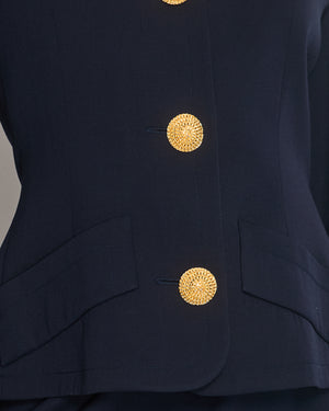 Givenchy Vintage Navy Jacket and Skirt Set with Gold Textured Buttons Size FR 38 (UK 10)