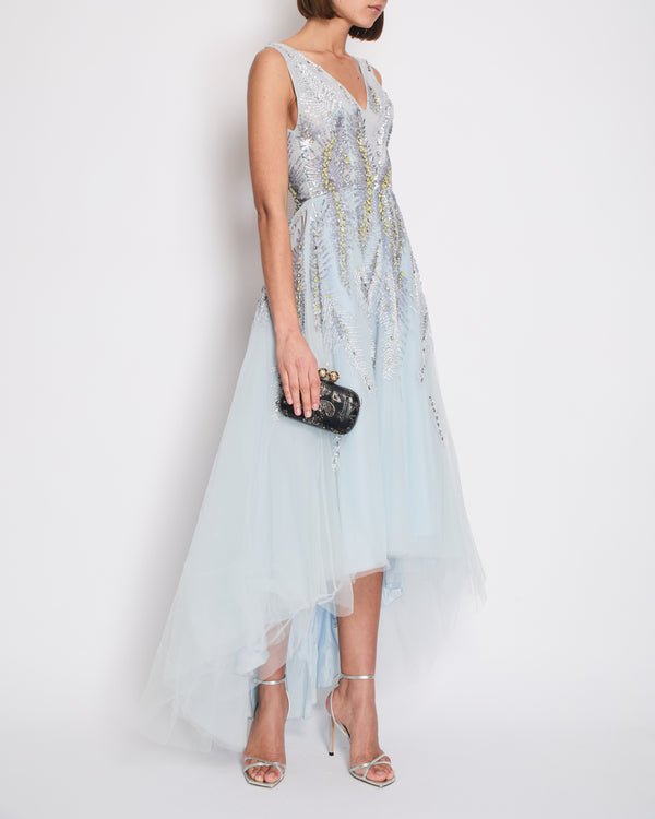 Zuhair Murad Baby Blue Silk Tulle Gown Dress with Sequin and Crystal Embellishments Size FR 36 (UK 8)