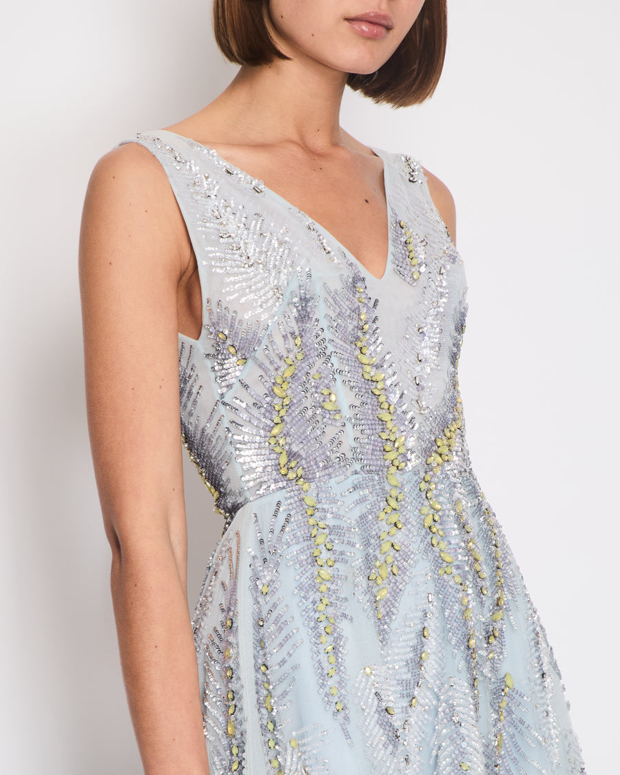 Zuhair Murad Baby Blue Silk Tulle Gown Dress with Sequin and Crystal Embellishments Size FR 36 (UK 8)