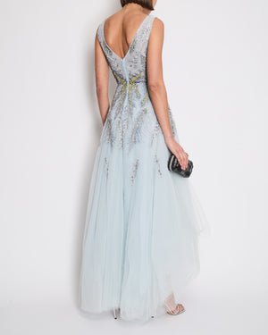 Zuhair Murad Baby Blue Silk Tulle Gown Dress with Sequin and Crystal Embellishments Size FR 36 (UK 8)