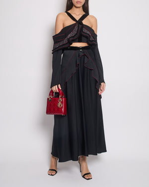 Proenza Schouler Black Tiered Crop Top and Midi Skirt Set with Red Trim and Flower Print Size US 4 (UK 8)