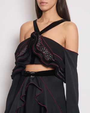 Proenza Schouler Black Tiered Crop Top and Midi Skirt Set with Red Trim and Flower Print Size US 4 (UK 8)