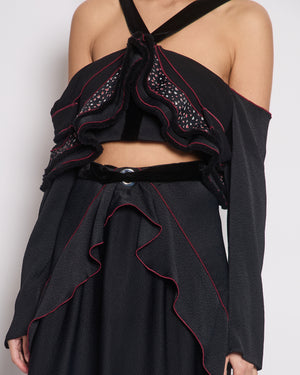 Proenza Schouler Black Tiered Crop Top and Midi Skirt Set with Red Trim and Flower Print Size US 4 (UK 8)