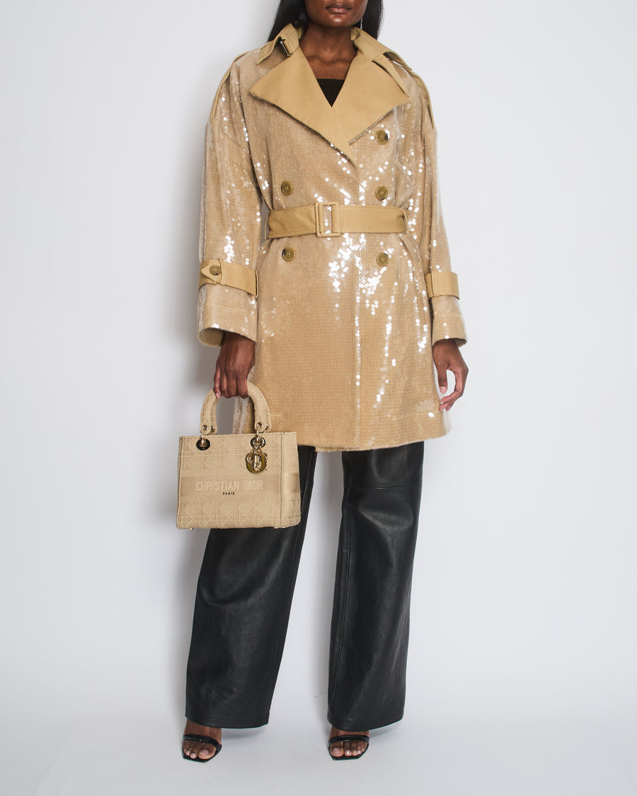 David Koma Beige Sequin Belted Trench Coat Size UK 8