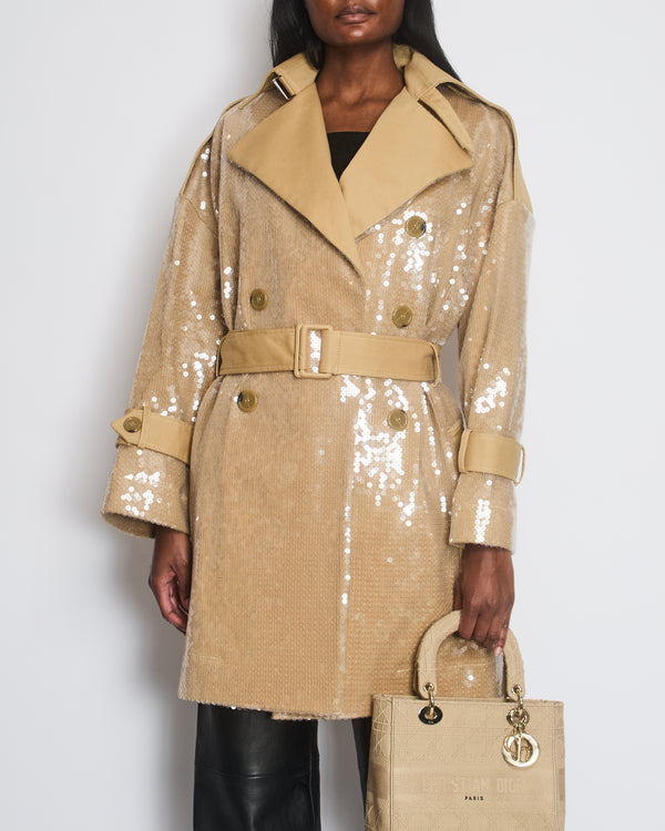 David Koma Beige Sequin Belted Trench Coat Size UK 8