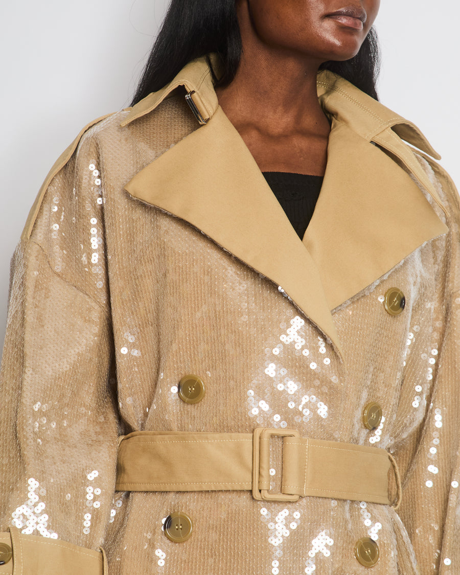 David Koma Beige Sequin Belted Trench Coat Size UK 8