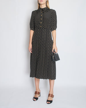 Celine Black and White Polka Dot Short Sleeve Silk Midi Dress with Gold Celine Crest Buttons, Pleated Skirt and Collar Detail Size FR 38 (UK 10)