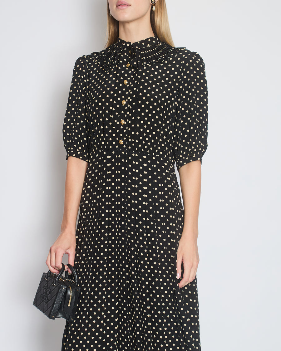 Celine Black and White Polka Dot Short Sleeve Silk Midi Dress with Gold Celine Crest Buttons, Pleated Skirt and Collar Detail Size FR 38 (UK 10)