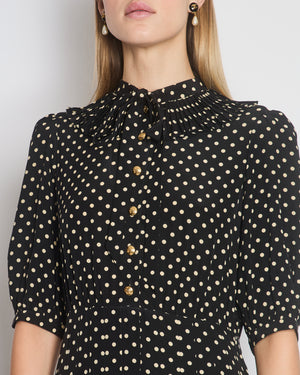 Celine Black and White Polka Dot Short Sleeve Silk Midi Dress with Gold Celine Crest Buttons, Pleated Skirt and Collar Detail Size FR 38 (UK 10)