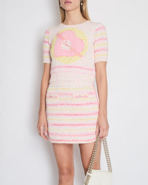 *RUNWAY* Chanel 24C Resort Pink 
Yellow Multi-colour Jumper and Skirt Set with Cupid Heart "Coco" Detail Top Size FR 34 (UK 6) Skirt Size FR 36 (UK 8)