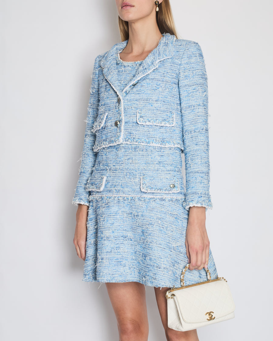 *HOT* Chanel 12K Blue Tweed Jacket and Tiered Sleeveless Dress with Pocket Detail Set Size FR 36 (UK 8)