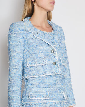 *HOT* Chanel 12K Blue Tweed Jacket and Tiered Sleeveless Dress with Pocket Detail Set Size FR 36 (UK 8)