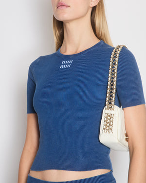 Miu Miu Blue Ribbed Short Sleeve Top with Printed Logo Size IT 40 (UK 8)