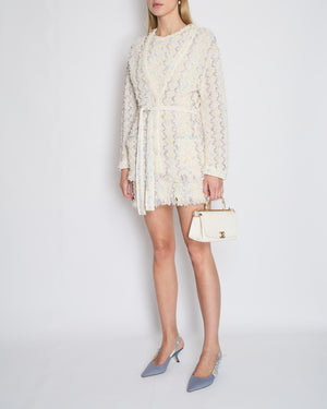 Chanel 24C Cream Long Line Belted Cardigan with Metallic 
Multi-Colour Threads and Sequins Detail Size FR 36 (UK 8)