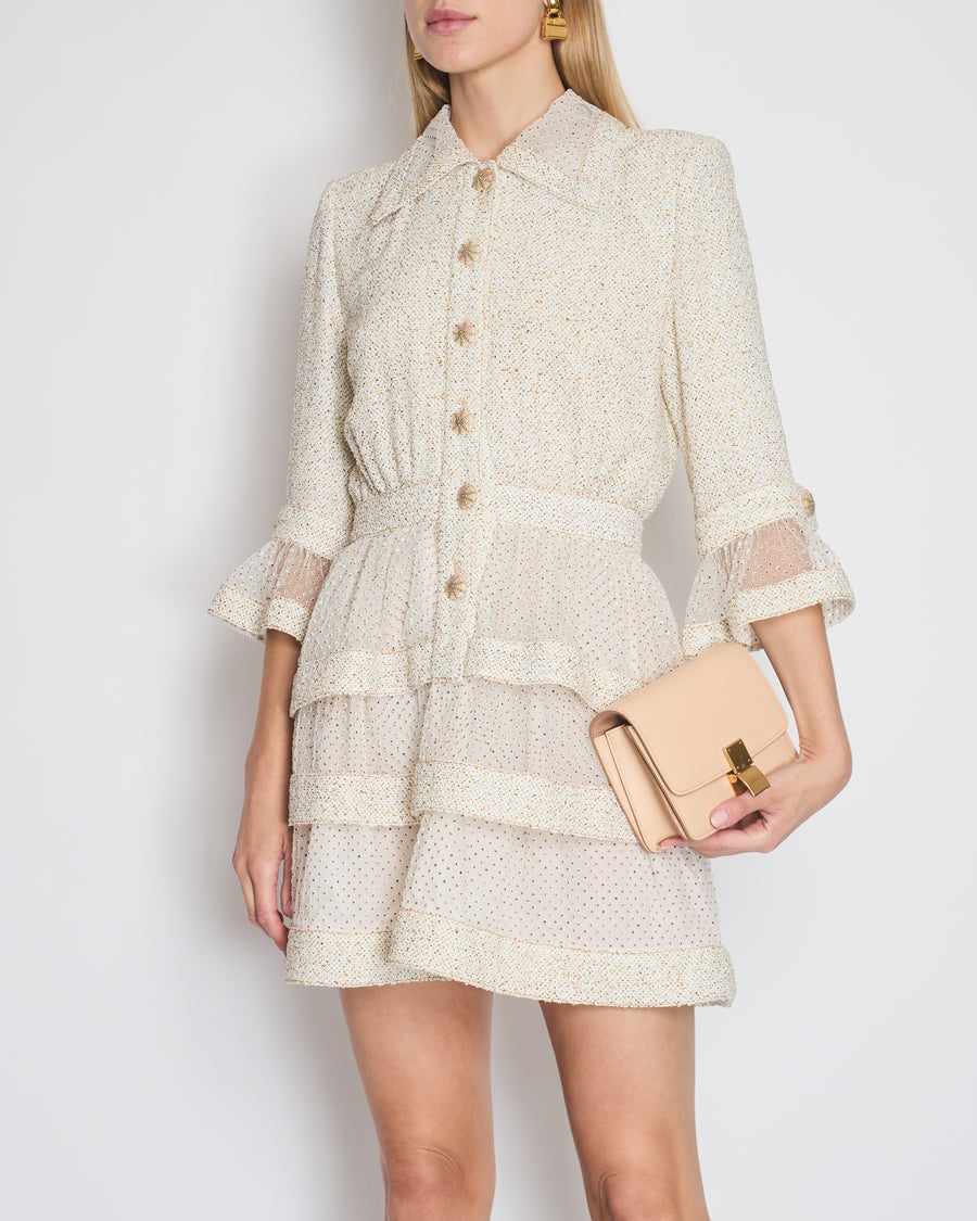 *RUNWAY* Chanel Spring/Summer 2020 Beige Long Sleeve Dress with Mesh Polkadot 
CC Buttons Details Size FR 36 (UK 8)