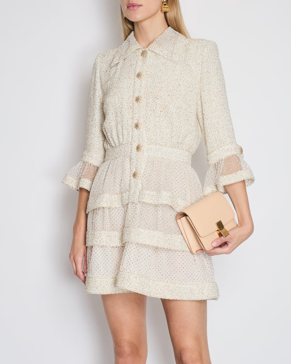 *RUNWAY* Chanel Spring/Summer 2020 Beige Long Sleeve Dress with Mesh Polkadot 
CC Buttons Details Size FR 36 (UK 8)