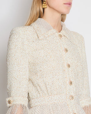 *RUNWAY* Chanel Spring/Summer 2020 Beige Long Sleeve Dress with Mesh Polkadot 
CC Buttons Details Size FR 36 (UK 8)