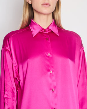 Tom Ford Fuschia Pink Oversized Silk-Blend Satin Blouse and Trouser Set with Velvet Elasticated Waistband Size IT 40 (UK 8)