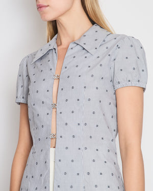 *HOT* Chanel Spring/Summer 2024 Grey 
White 2 Piece Striped Shirts Set with Camelia Print Details and Crystal CC Hooks. Cropped Shirt Size FR 36 (UK 8) Long Shirt Size FR 38 (UK 10)