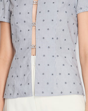 *HOT* Chanel Spring/Summer 2024 Grey 
White 2 Piece Striped Shirts Set with Camelia Print Details and Crystal CC Hooks. Cropped Shirt Size FR 36 (UK 8) Long Shirt Size FR 38 (UK 10)