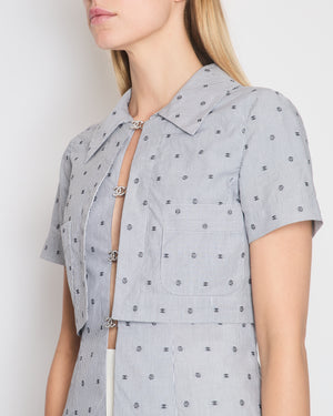 *HOT* Chanel Spring/Summer 2024 Grey 
White 2 Piece Striped Shirts Set with Camelia Print Details and Crystal CC Hooks. Cropped Shirt Size FR 36 (UK 8) Long Shirt Size FR 38 (UK 10)