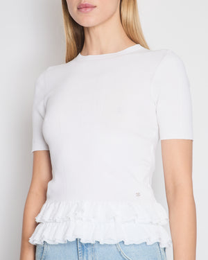 Chanel White Short Sleeve Knit Top with Pleated Frilled Hem with Crystal CC Logo Detail Size FR 34 (UK 6)