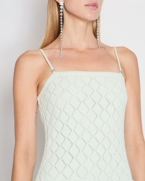 Chanel 23S Mint Green Sleeveless Quilted Knit Dress with Crystal CC Strap 
Button Detail Size FR 38 (UK 10)