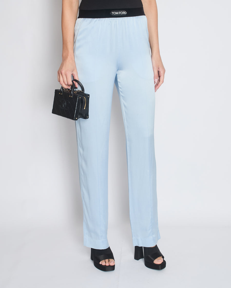 Tom Ford Blue Satin Silk Trousers with Velvet Elasticated Waist Size IT 40 (UK 8)