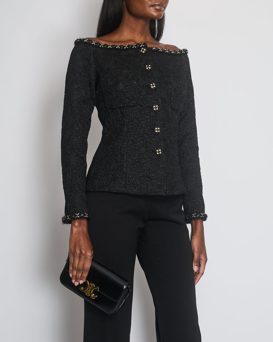 Chanel Black Off-Shoulder Embroidered Camellia Button Jacket Size FR 40 (UK 12)