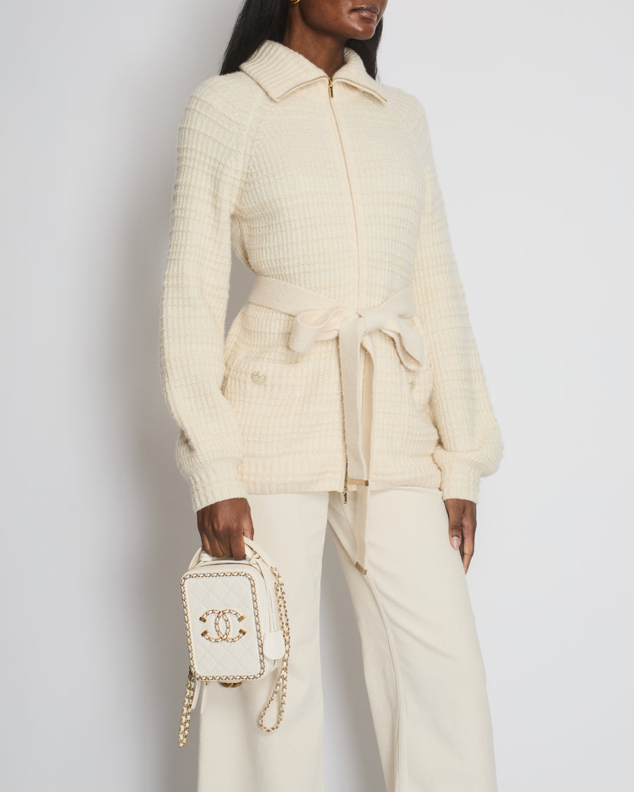 Chanel Cream Knitted Long Line Belted Cardigan with Zip Detail Size FR 38 (UK 10)