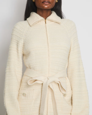 Chanel Cream Knitted Long Line Belted Cardigan with Zip Detail Size FR 38 (UK 10)